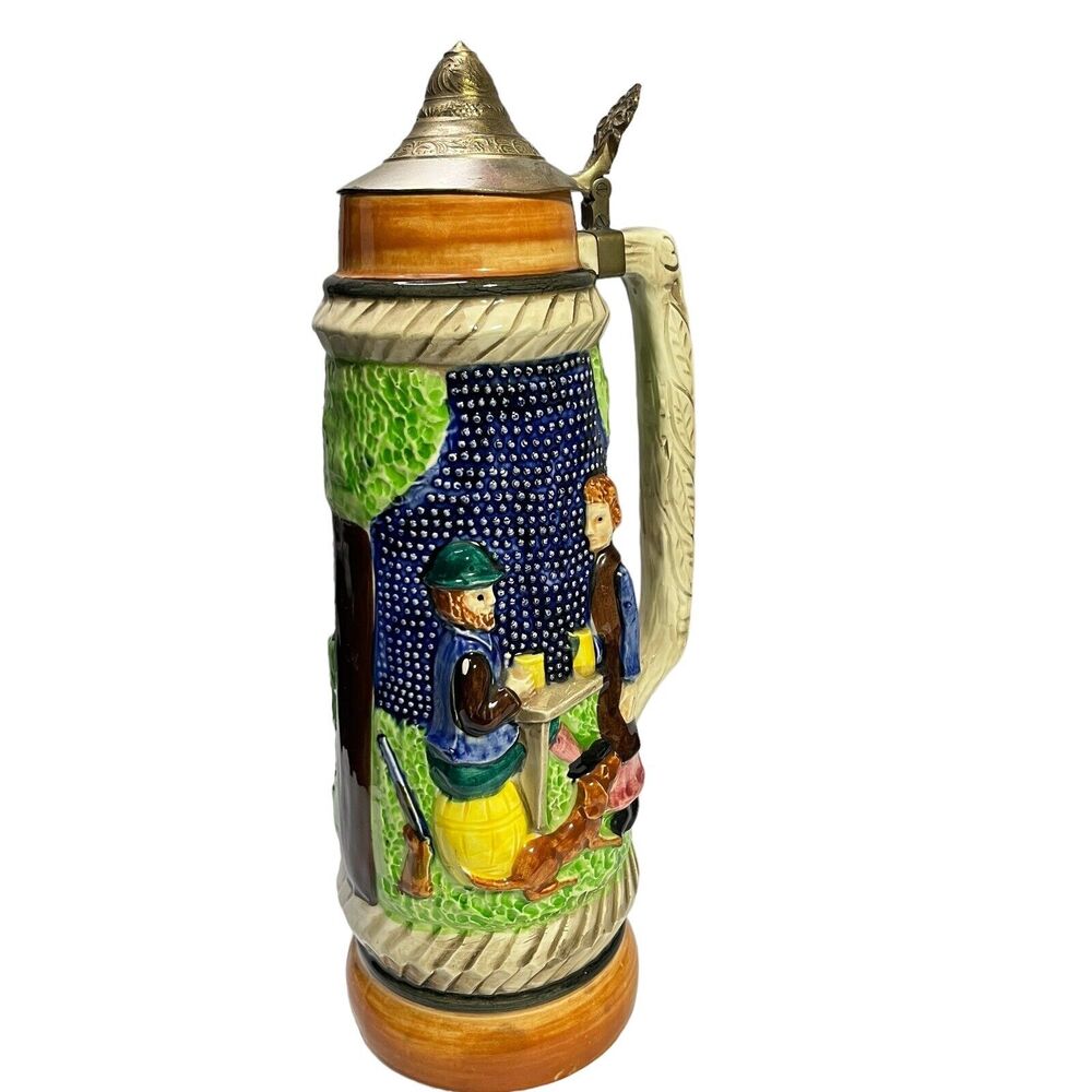 14’’ Beer Stein Made In Japan Hand Painted Family Picnic 1 Lt W/ Lid Vtg
